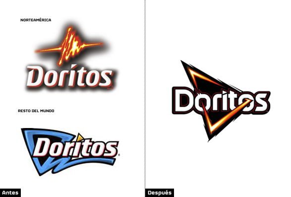 comparacion doritos logo norteamerica con resto del mundo y logotipo actual